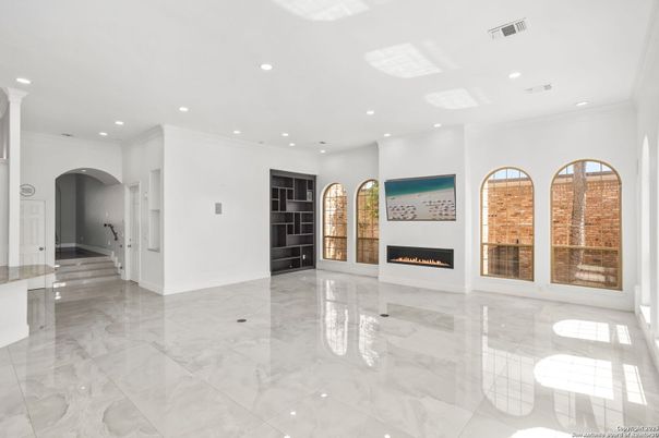 Empty room, Fireplace, Interior, Marble, Recessed Lighting