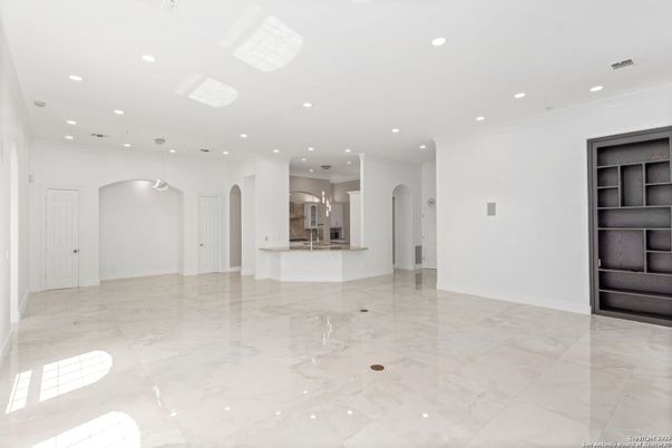 Empty room, Interior, Kitchen, Marble, Pendant Lights, Recessed Lighting