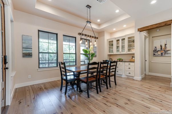 Dining room, Interior, Pendant Lights, Recessed Lighting, Wooden Beams, Wood Texture Flooring