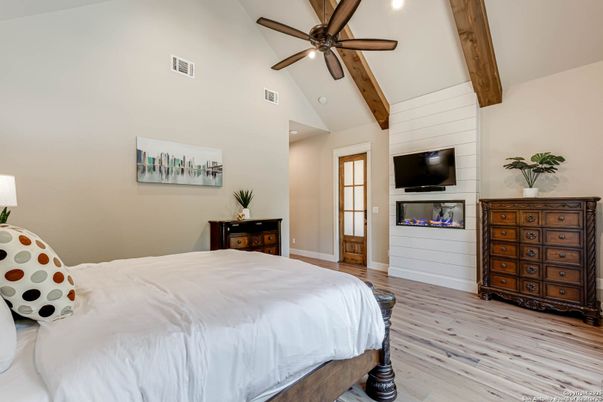 Bedroom, Interior, Recessed Lighting, Wooden Beams, Wood Texture Flooring