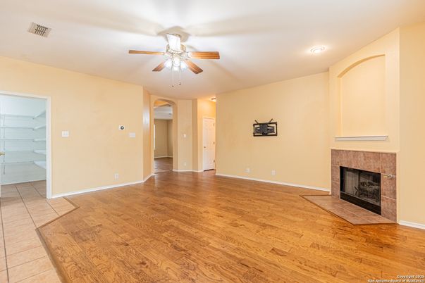 Empty room, Fireplace, Interior, Recessed Lighting, Wood Texture Flooring