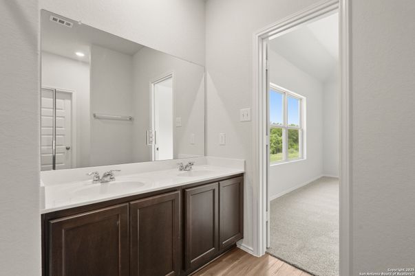 Bathroom, Dual Sink Vanities, Interior, Recessed Lighting, Wood Texture Flooring