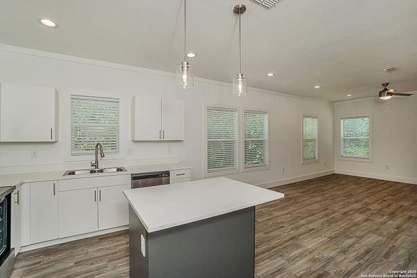Interior, Kitchen, Pendant Lights, Recessed Lighting, Wood Texture Flooring