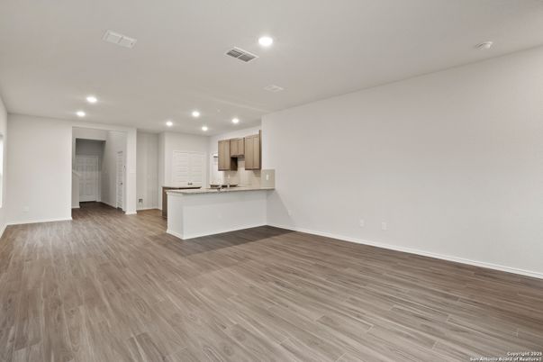 Empty room, Interior, Kitchen, Recessed Lighting, Wood Texture Flooring