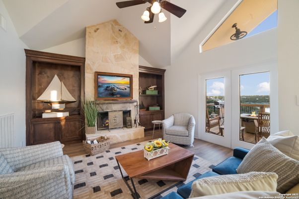 Fireplace, Interior, Living room, Stone Walls, Water, Wood Texture Flooring