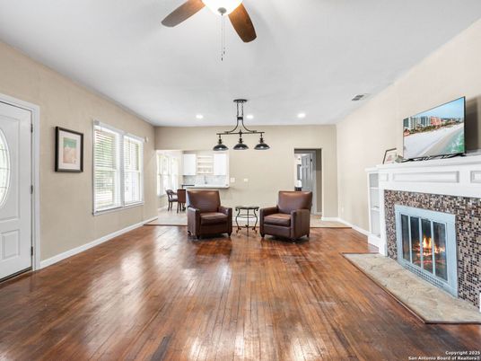 Dining room, Fireplace, Interior, Kitchen, Living room, Pendant Lights, Recessed Lighting, Wood Texture Flooring