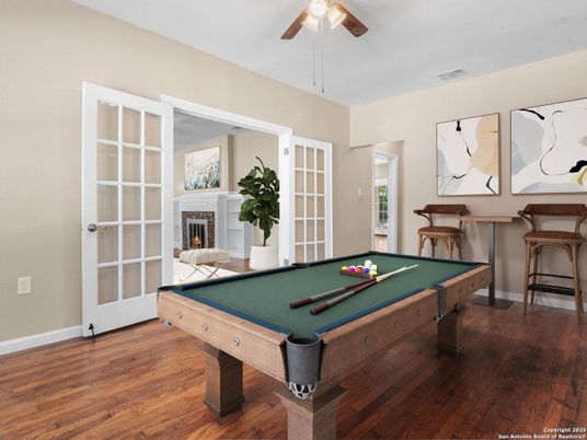 Billiard Table, Fireplace, Game Room, Interior, Wood Texture Flooring