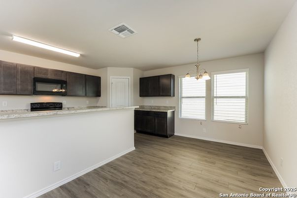 Chandelier, Fireplace, Interior, Kitchen, Pendant Lights, Wood Texture Flooring