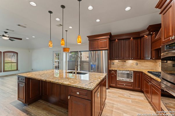 Interior, Kitchen, Pendant Lights, Recessed Lighting, Stainless Steel Appliances, Wood Texture Flooring