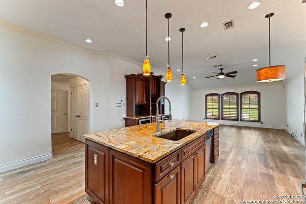 Interior, Kitchen, Pendant Lights, Recessed Lighting, Wood Texture Flooring