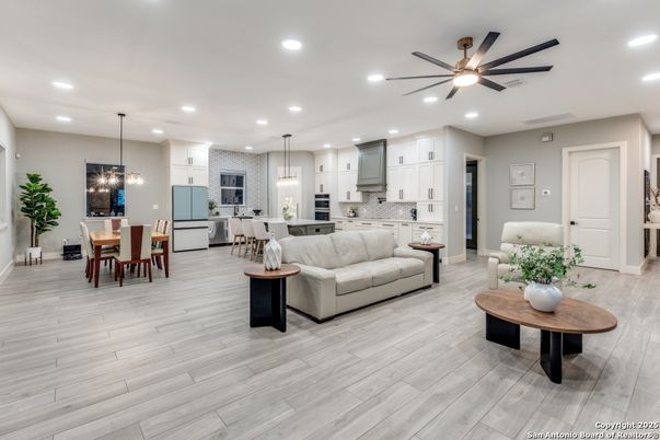 Dining room, Interior, Kitchen, Living room, Pendant Lights, Recessed Lighting, Stainless Steel Appliances, Wood Texture Flooring