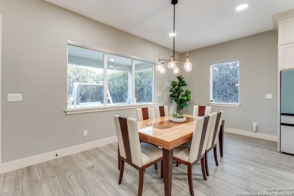 Dining room, Interior, Pendant Lights, Recessed Lighting, Wood Texture Flooring