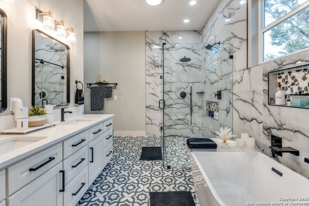Bathroom, Dual Sink Vanities, Glass Shower, Interior, Marble Walls, Recessed Lighting