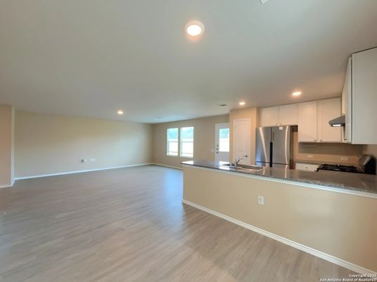 Empty room, Interior, Kitchen, Recessed Lighting, Wood Texture Flooring