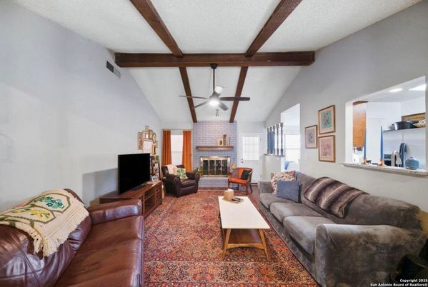 Fireplace, Interior, Living room, Recessed Lighting, Stone Walls, Wooden Beams