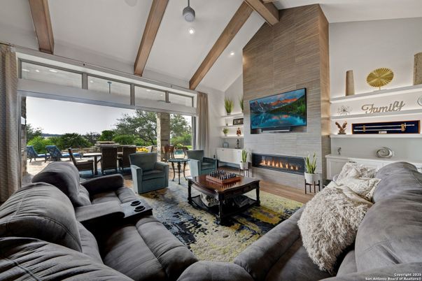 Fireplace, Interior, Living room, Recessed Lighting, Wooden Beams, Wood Texture Flooring