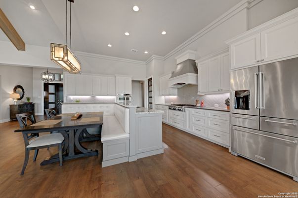 Dining room, Interior, Kitchen, Pendant Lights, Recessed Lighting, Stainless Steel Appliances, Wooden Beams, Wood Texture Flooring