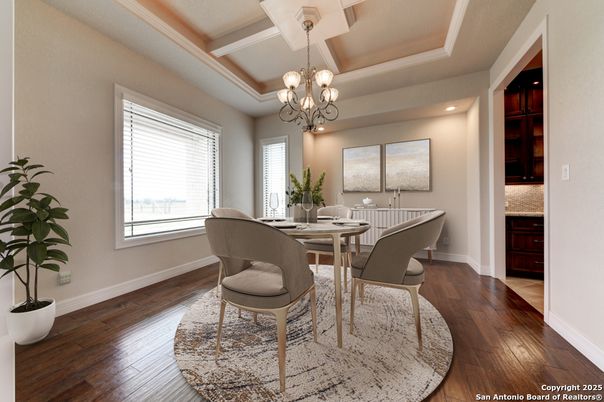 Chandelier, Dining room, Interior, Recessed Lighting, Wood Texture Flooring