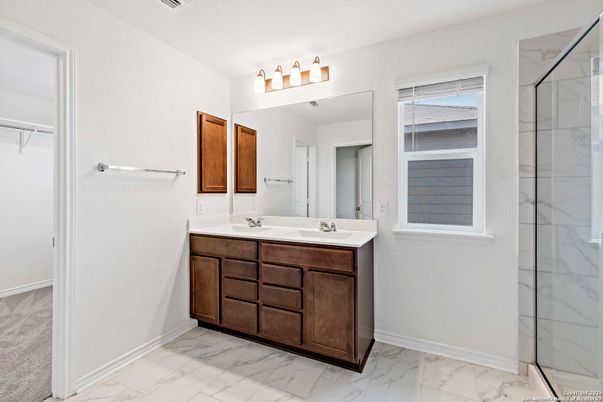 Bathroom, Dual Sink Vanities, Glass Shower, Interior, Marble, Marble Walls