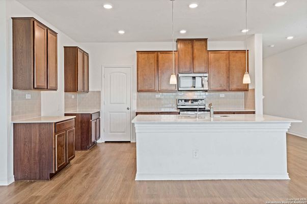 Interior, Kitchen, Pendant Lights, Recessed Lighting, Wood Texture Flooring