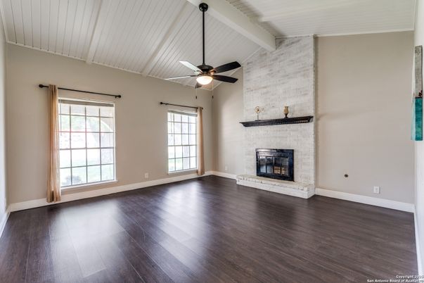 Empty room, Fireplace, Interior, Stone Walls, Wood Texture Flooring