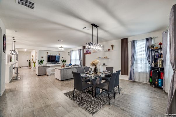 Dining room, Interior, Living room, Pendant Lights, Wood Texture Flooring