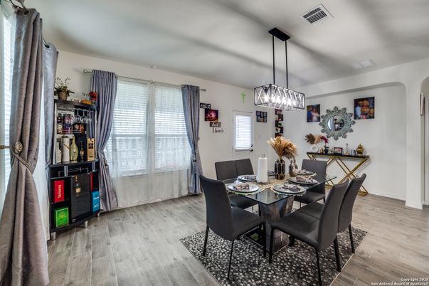 Dining room, Interior, Pendant Lights, Wood Texture Flooring