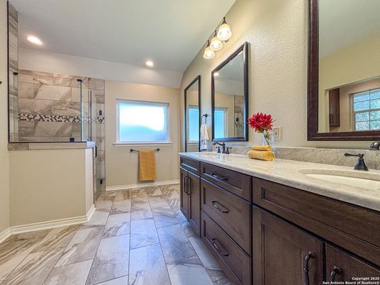 Bathroom, Dual Sink Vanities, Glass Shower, Interior, Marble, Recessed Lighting