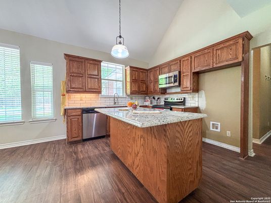 Interior, Kitchen, Pendant Lights, Stainless Steel Appliances, Wood Texture Flooring