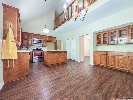 Chandelier, Interior, Kitchen, Pendant Lights, Stainless Steel Appliances, Wood Texture Flooring
