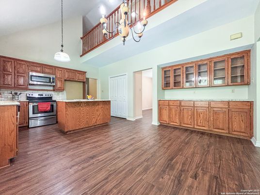 Chandelier, Interior, Kitchen, Pendant Lights, Stainless Steel Appliances, Wood Texture Flooring
