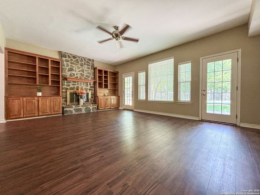 Empty room, Fireplace, Interior, Stone Walls, Wood Texture Flooring