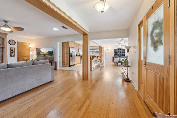 Dining room, Interior, Kitchen, Living room, Recessed Lighting, Stainless Steel Appliances, Wood Texture Flooring
