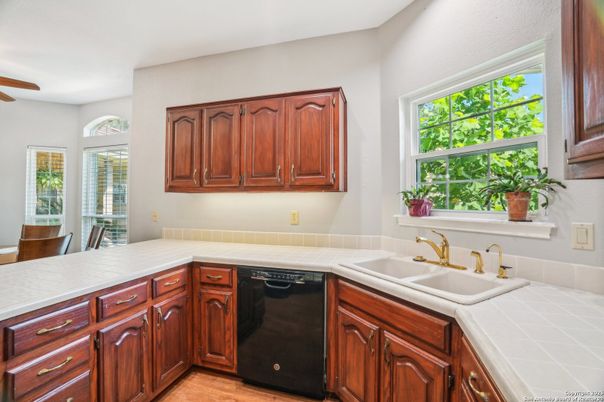 Dining room, Interior, Kitchen, Tile Countertops, Wood Texture Flooring