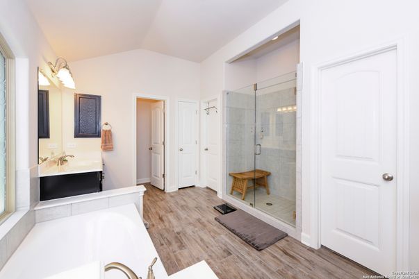 Bathroom, Glass Shower, Interior, Recessed Lighting, Wood Texture Flooring