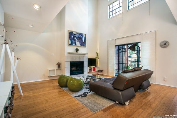 Fireplace, Interior, Living room, Recessed Lighting, Wood Texture Flooring