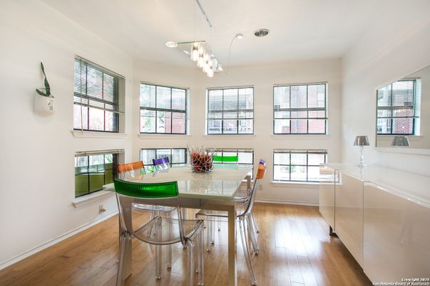 Dining room, Interior, Pendant Lights, Wood Texture Flooring