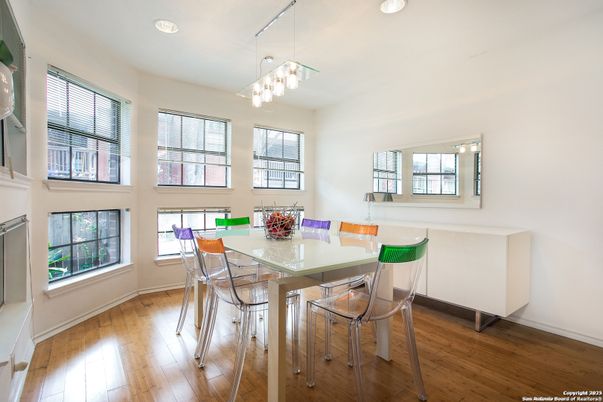 Dining room, Interior, Pendant Lights, Recessed Lighting, Wood Texture Flooring