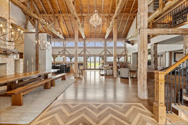 Chandelier, Fireplace, Interior, Pendant Lights, Wooden Beams, Wooden Ceilings, Wood Texture Flooring