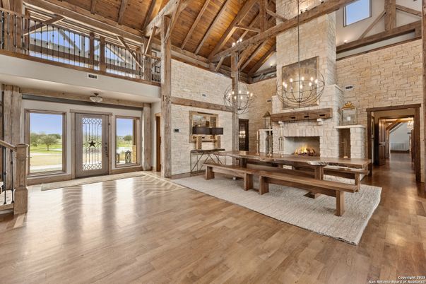 Chandelier, Fireplace, Interior, Stone Walls, Wooden Beams, Wooden Ceilings, Wood Texture Flooring