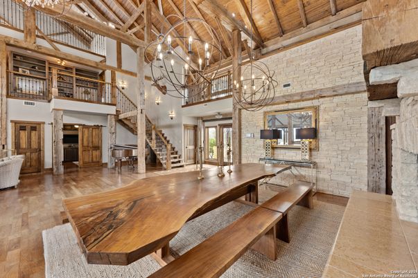 Chandelier, Dining room, Interior, Pendant Lights, Piano, Stone Walls, Wooden Beams, Wooden Ceilings, Wood Texture Flooring