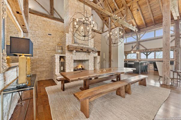 Chandelier, Fireplace, Interior, Pendant Lights, Stone Walls, Wooden Beams, Wooden Ceilings, Wood Texture Flooring