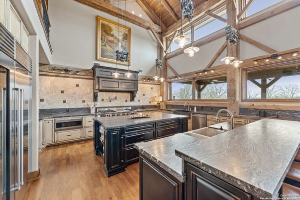 Interior, Kitchen, Pendant Lights, Stainless Steel Appliances, Wooden Beams, Wood Texture Flooring