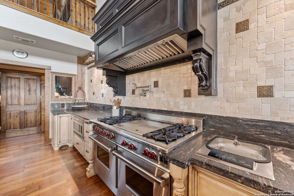 Interior, Kitchen, Stainless Steel Appliances, Stone Walls, Wood Texture Flooring