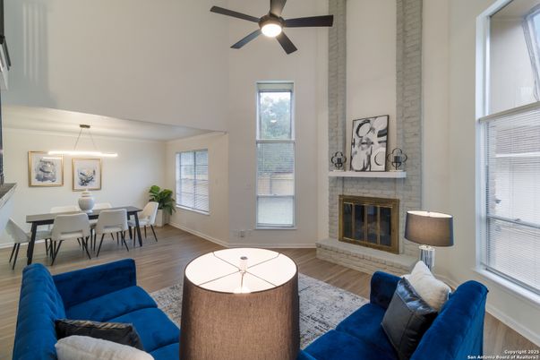 Dining room, Fireplace, Interior, Living room, Pendant Lights, Wood Texture Flooring