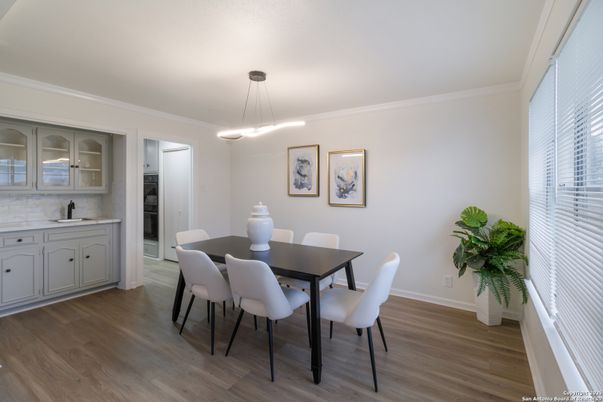 Dining room, Interior, Pendant Lights, Wood Texture Flooring