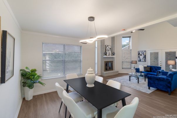 Dining room, Fireplace, Interior, Living room, Pendant Lights, Wood Texture Flooring