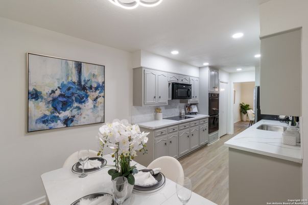 Dining room, Interior, Kitchen, Recessed Lighting, Wood Texture Flooring