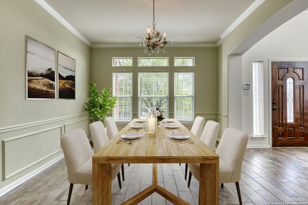 Chandelier, Dining room, Interior, Wood Texture Flooring