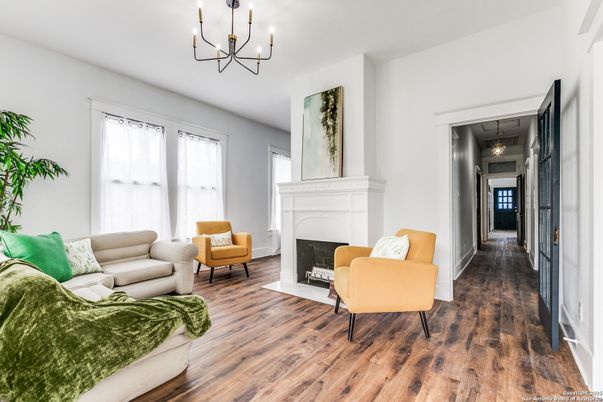 Chandelier, Fireplace, Interior, Living room, Wood Texture Flooring